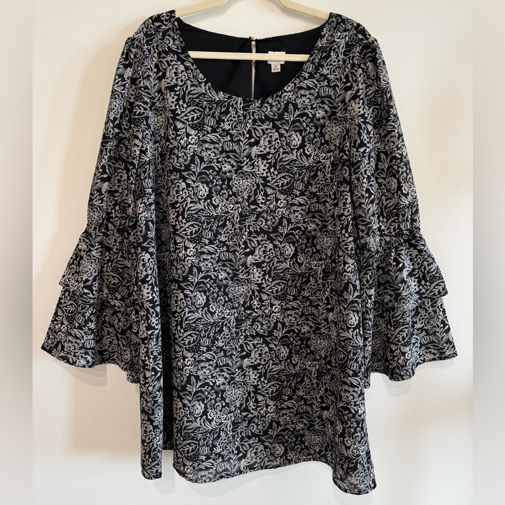 A New Day Black White Floral Tiered Bell Sleeve Flowy Tunic Dress Size XL